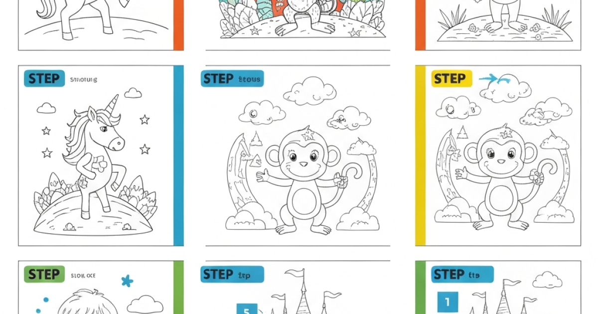 8 step-by-step coloring projects using multiple pages for kids