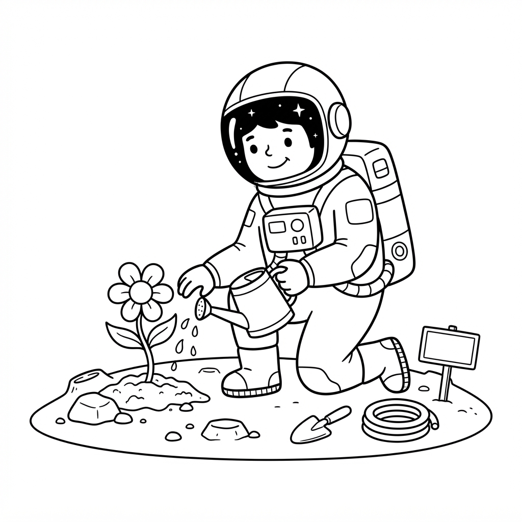 Astronaut geeft een maanbloem water