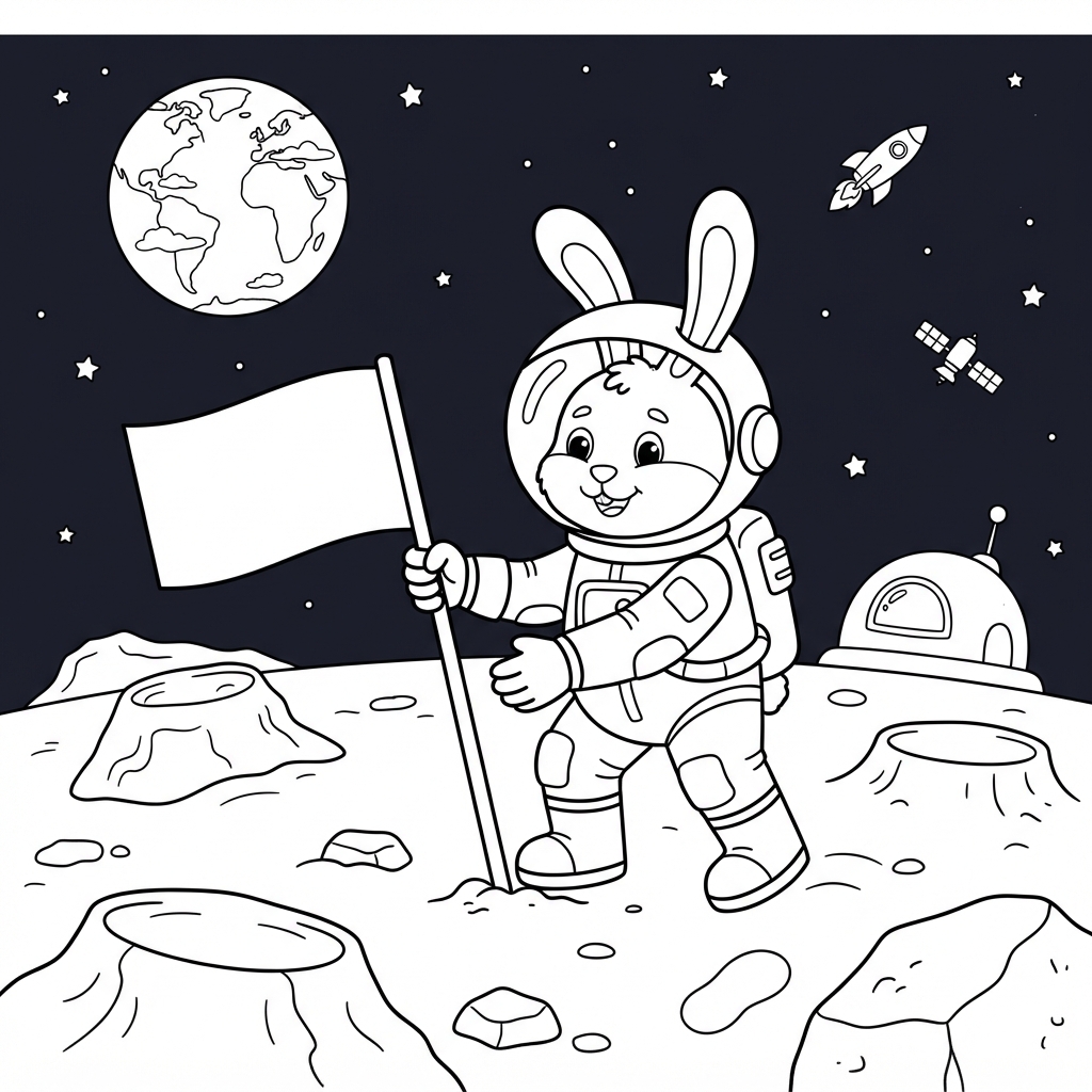 Kaninastronaut planterar en flagga