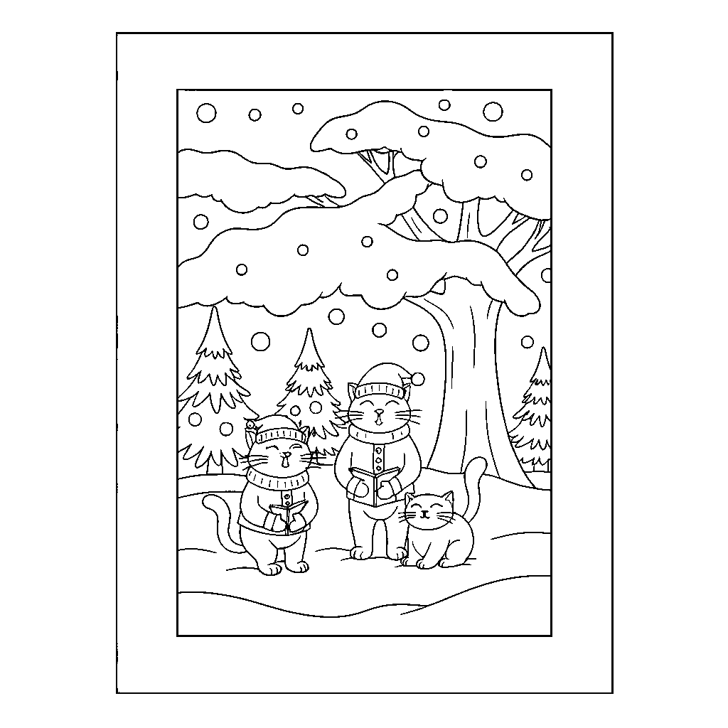 Caroling Cats in Snowy Scene