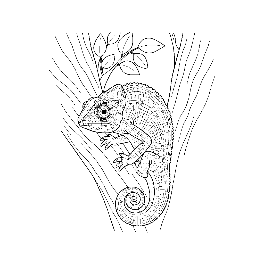 Chameleon Camouflaged on Tree Bark