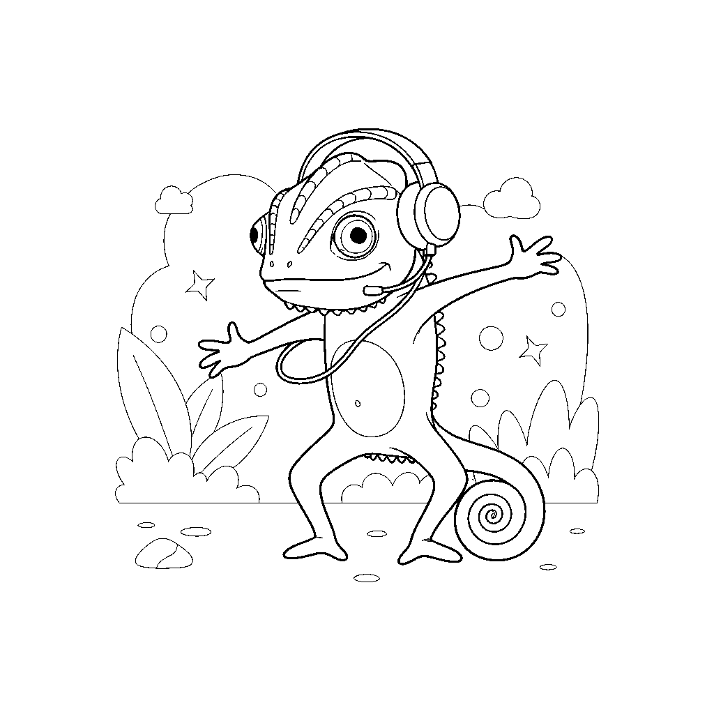 Camaleão Dançando com Fones de Ouvido