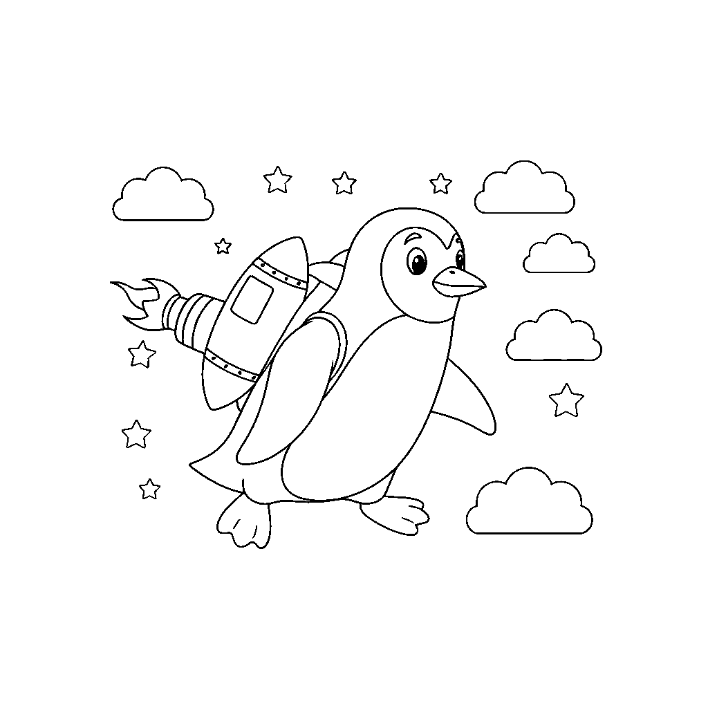 Encantador pingüino con cohete