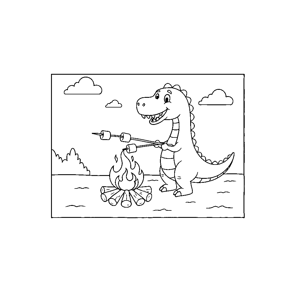 Dino przytulający się do ogniska