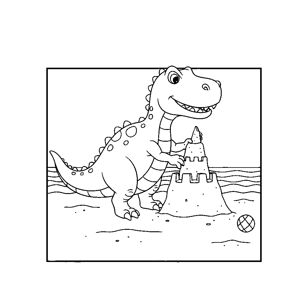 Dinosaur Building a Sandcastle