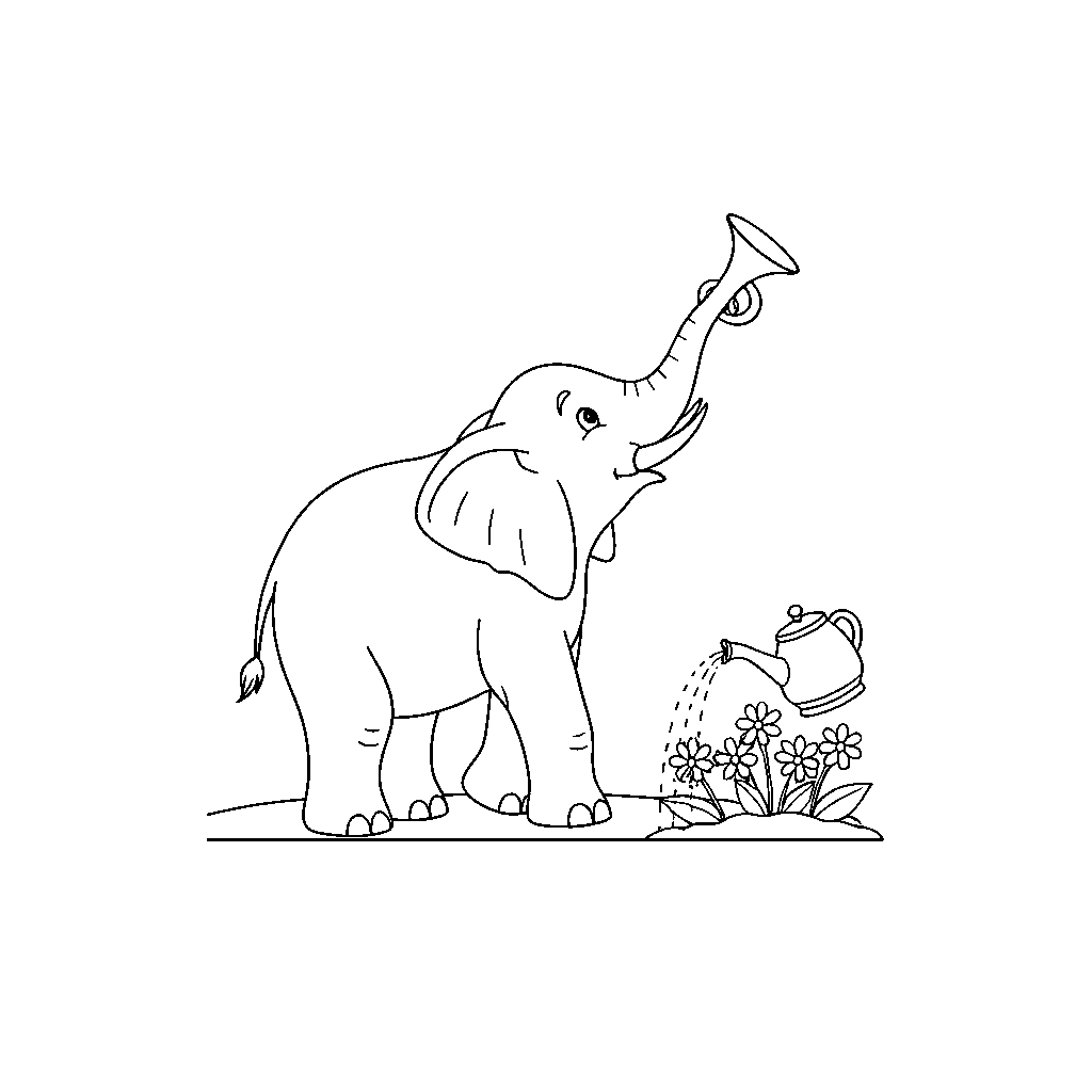Elephant Watering Flowers with Trumpet