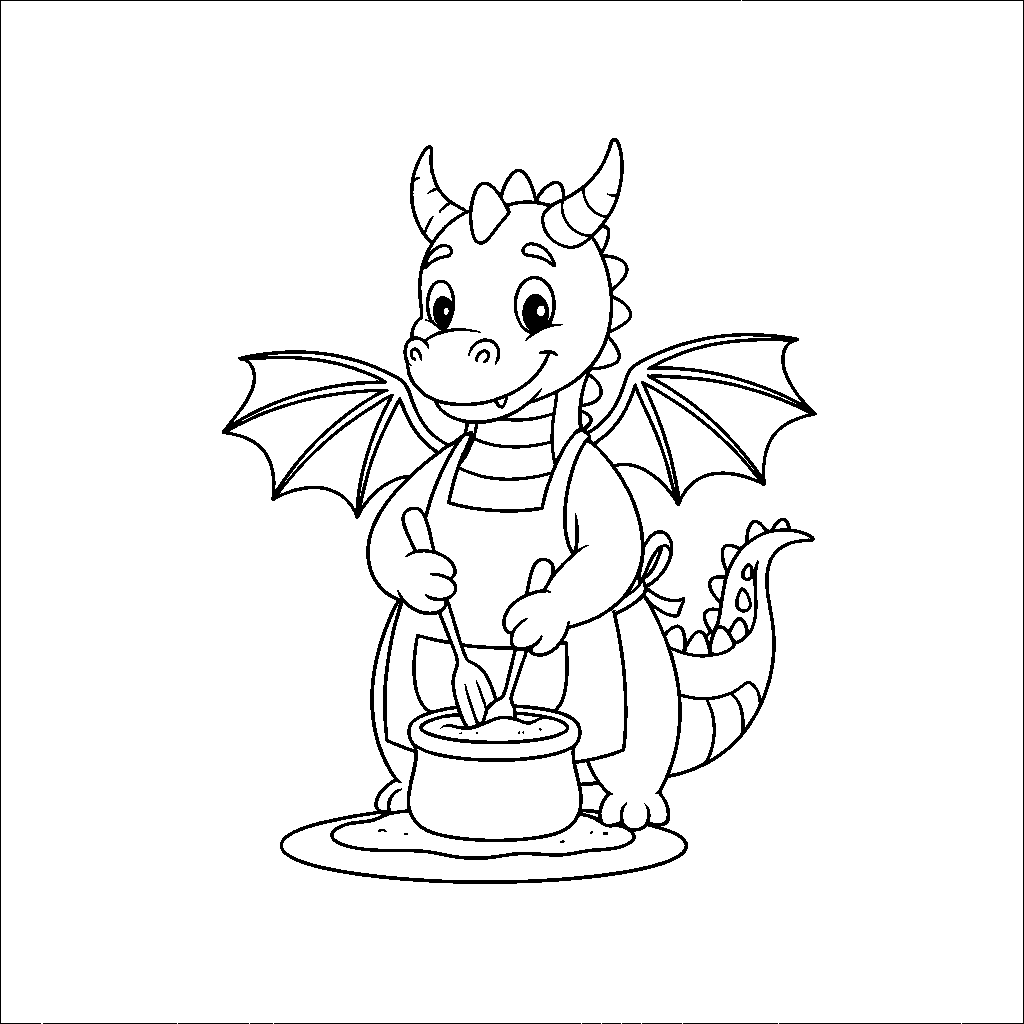 Friendly Dragon Wearing An Apron, Stirring Dough