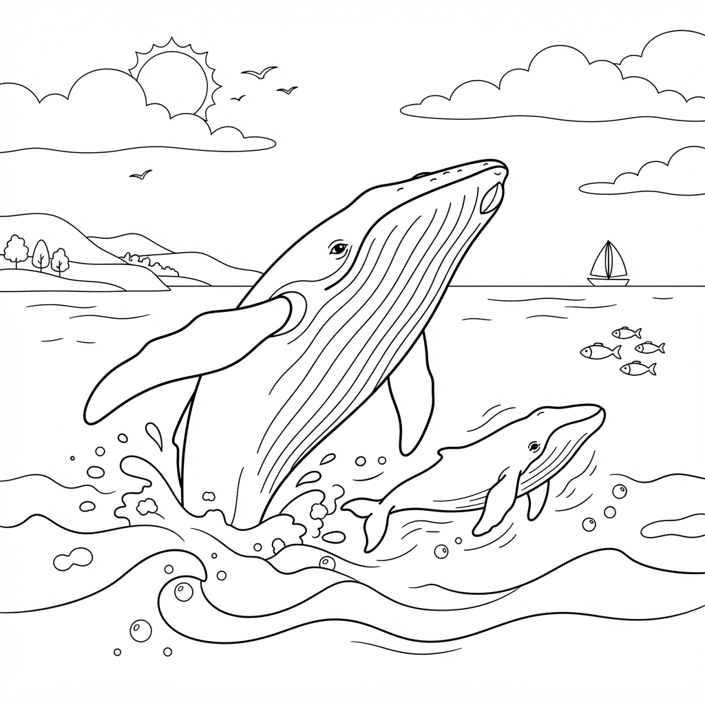 Humpback Whale Breaching Beside Calf