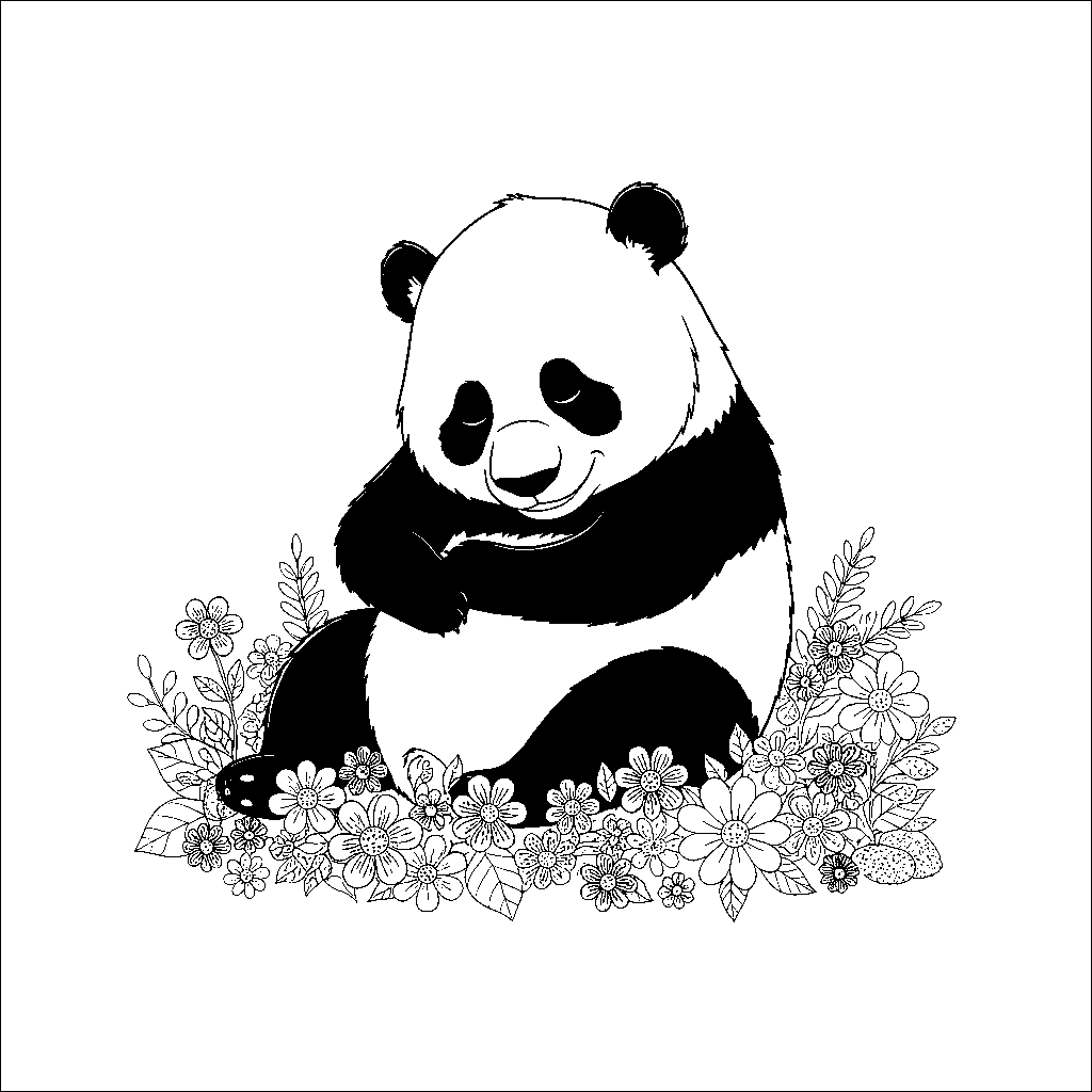 Panda se Toilettant dans un Champ de Fleurs