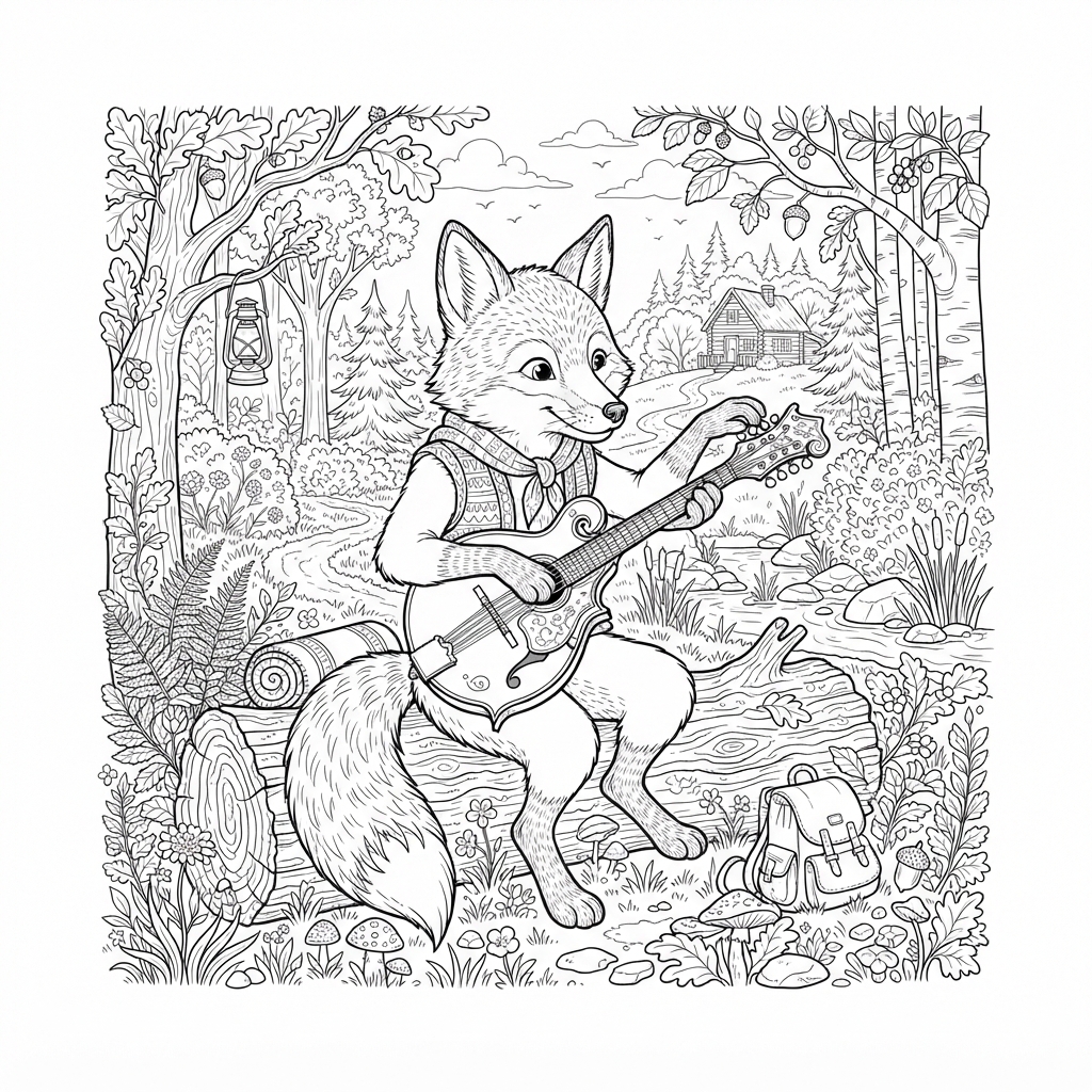 Playful Fox Tuning a Mandolin