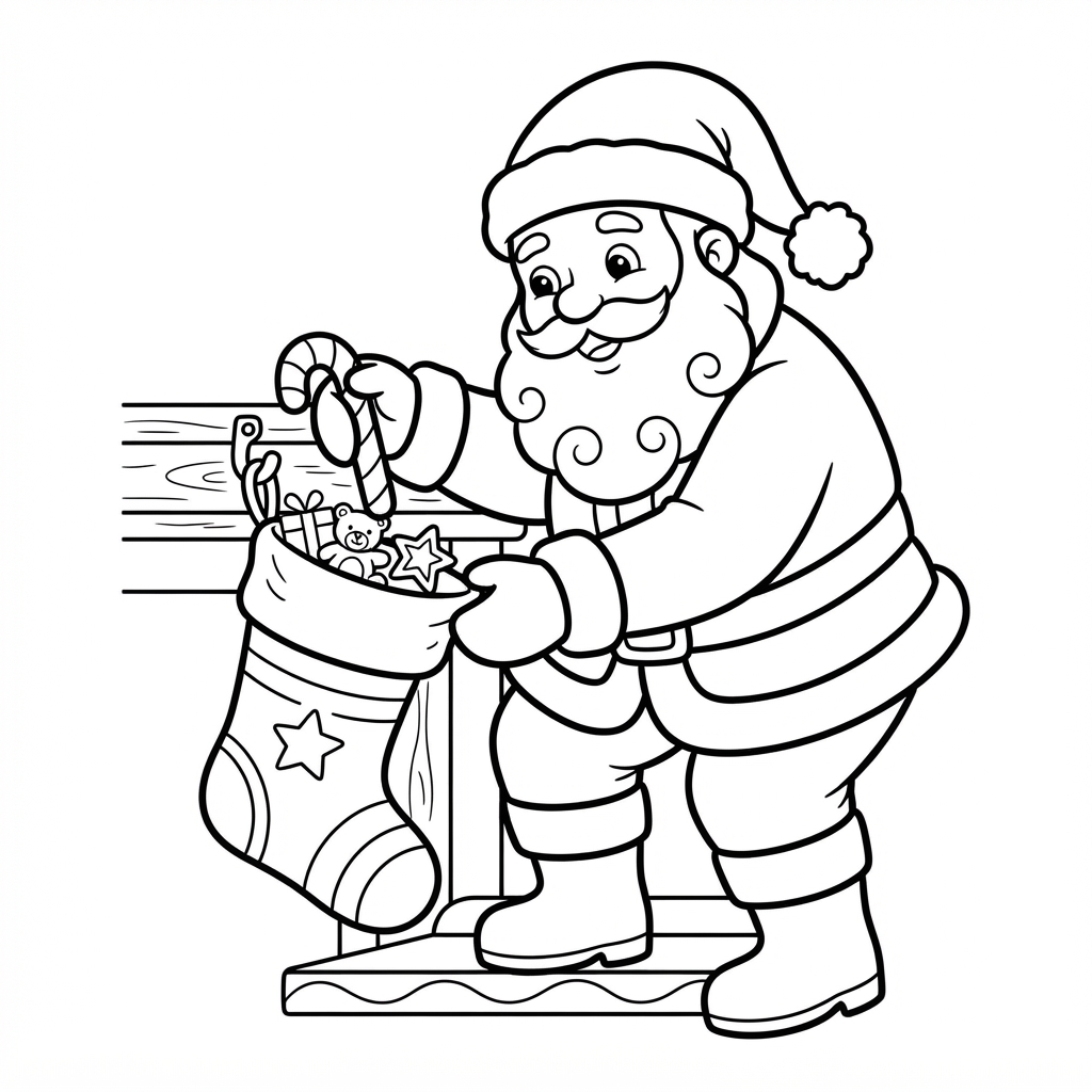 Papá Noel pone un bastón de caramelo en un calcetín
