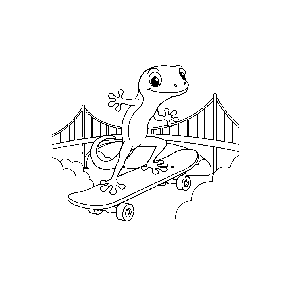 Skateboarding Gecko Under Urban Bridge