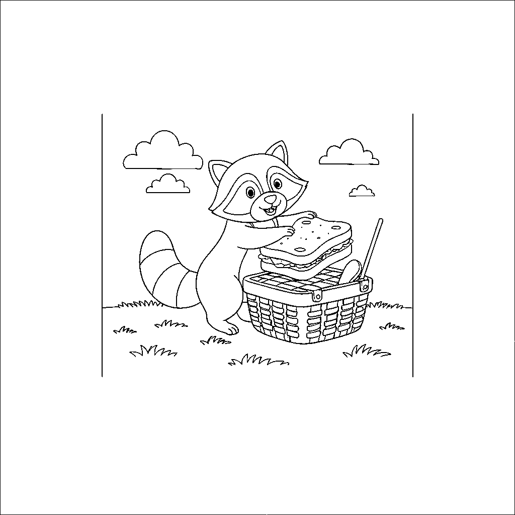 Sneaky Raccoon by a Picnic Basket