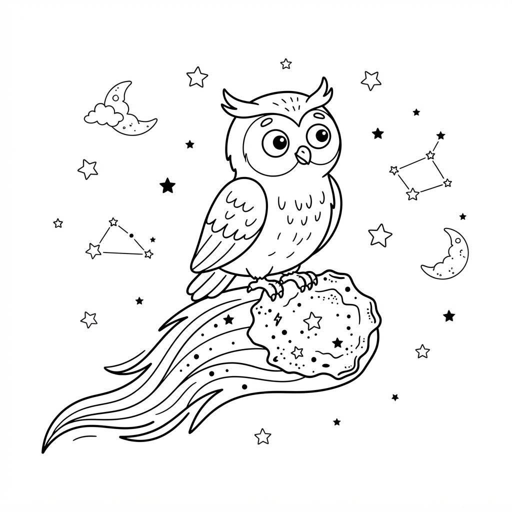 Hibou observant les étoiles sur une comète