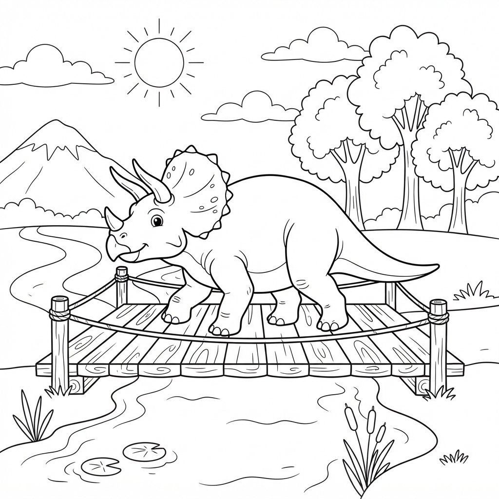 Triceratops przechodzi przez drewniany most