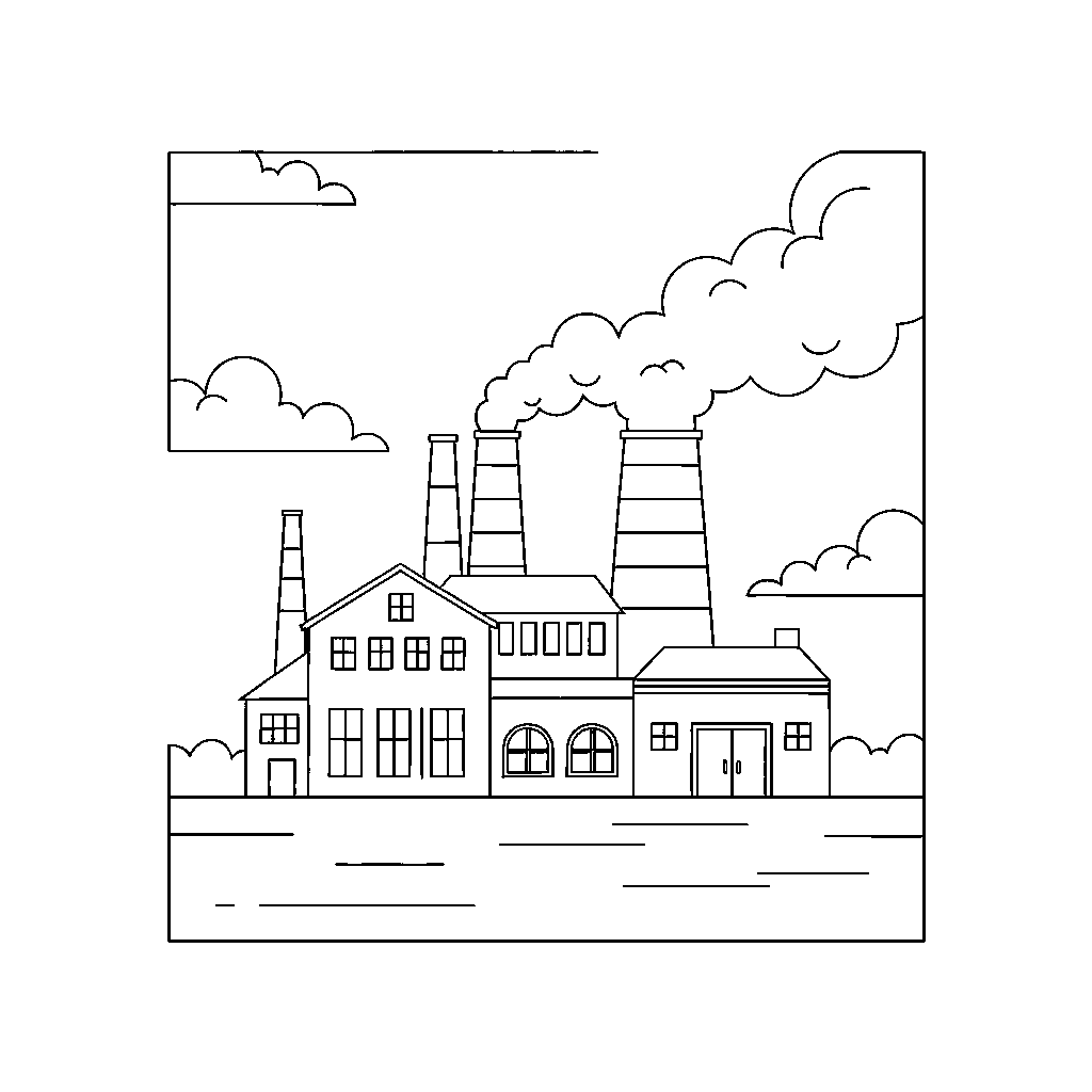 Vintage Factory with Chimneys Billowing