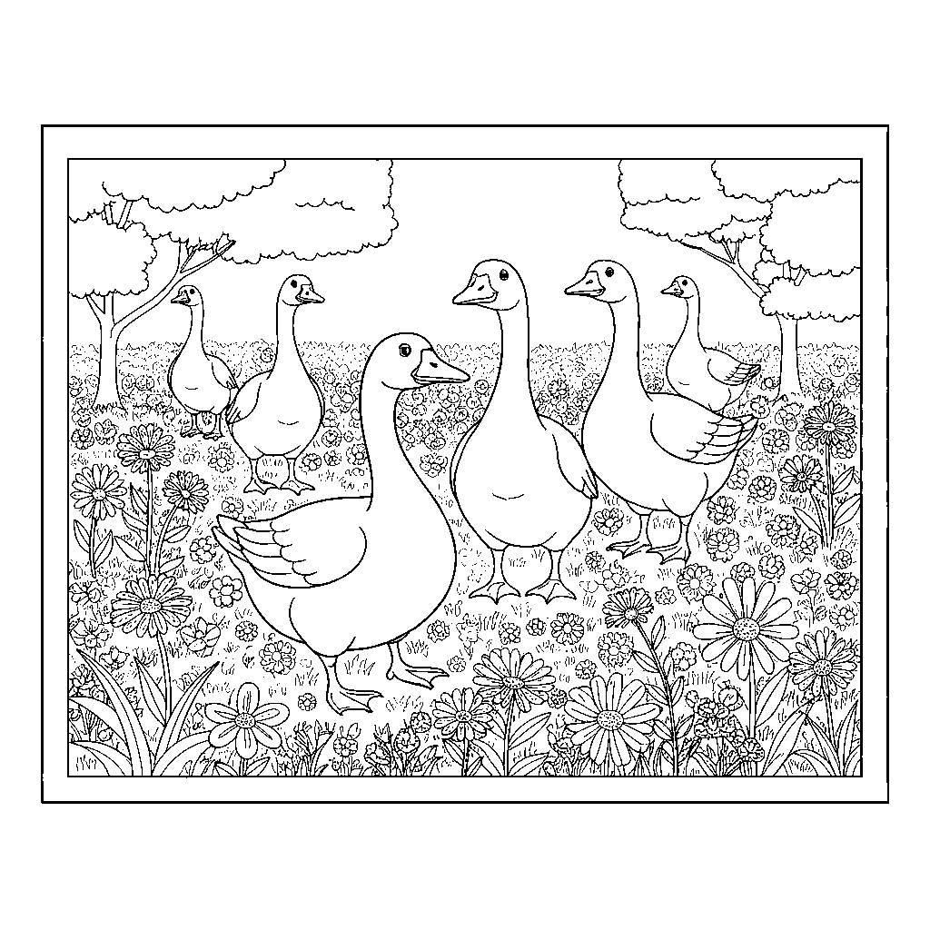 Whimsical Geese in Flower Meadow