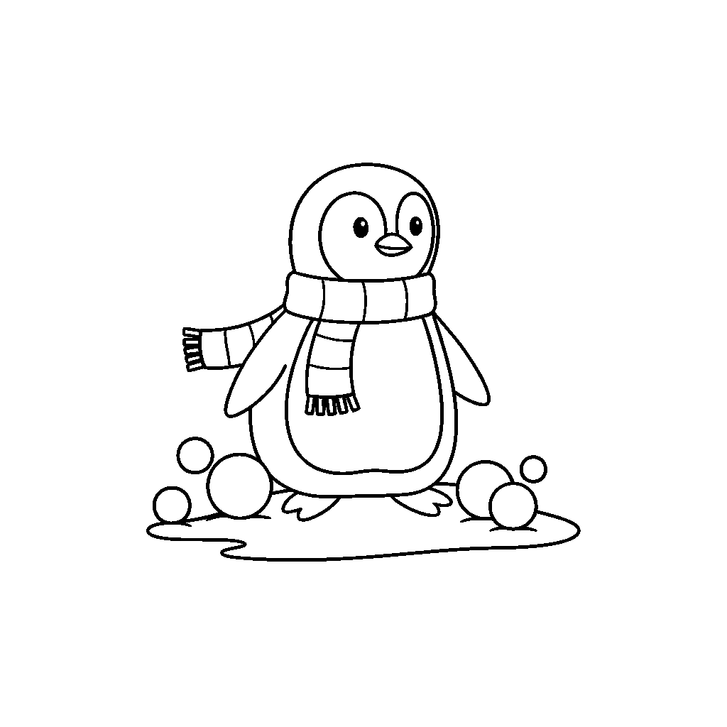 Verspielter Pinguin baut einen Schneemann