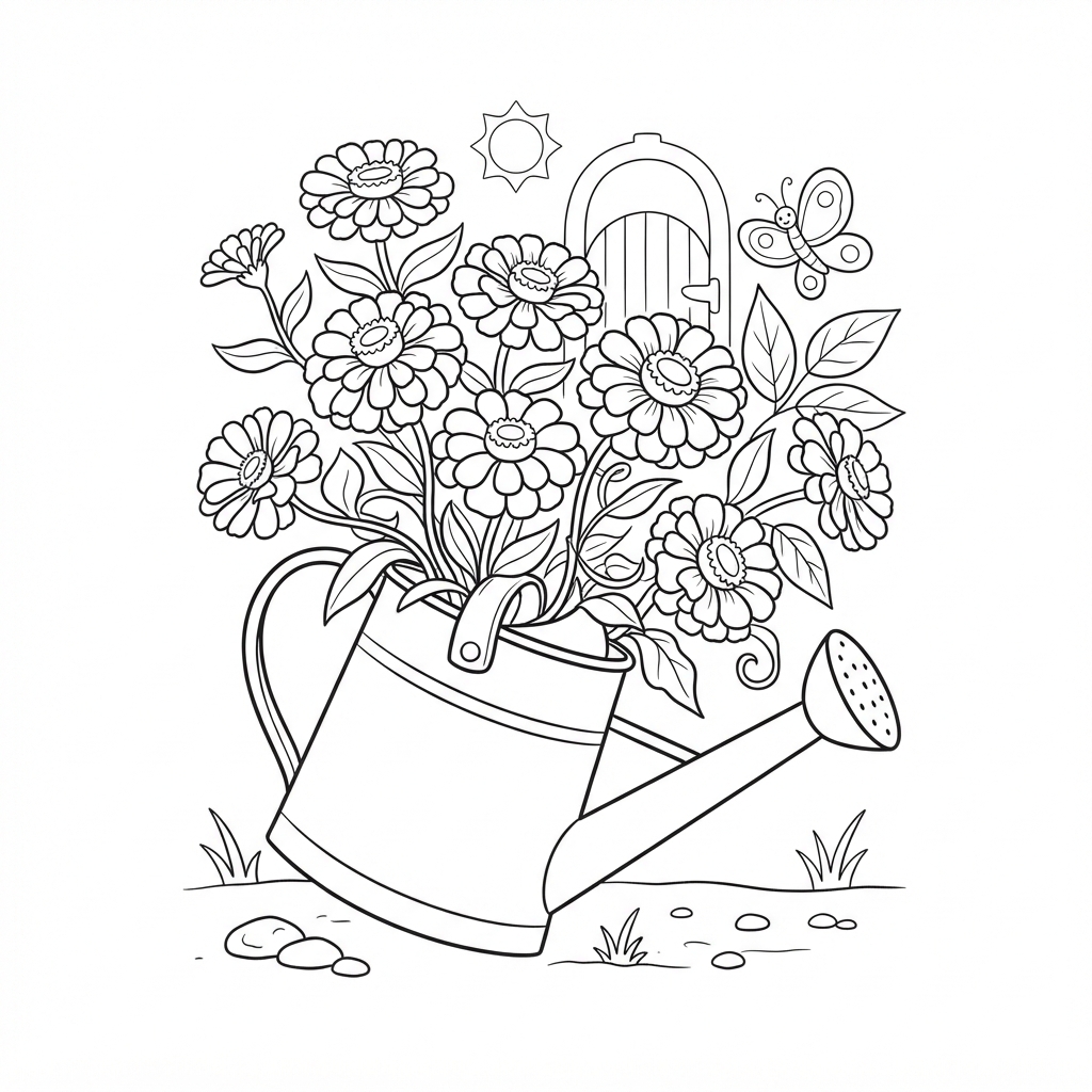 Zinnia's in een gieter